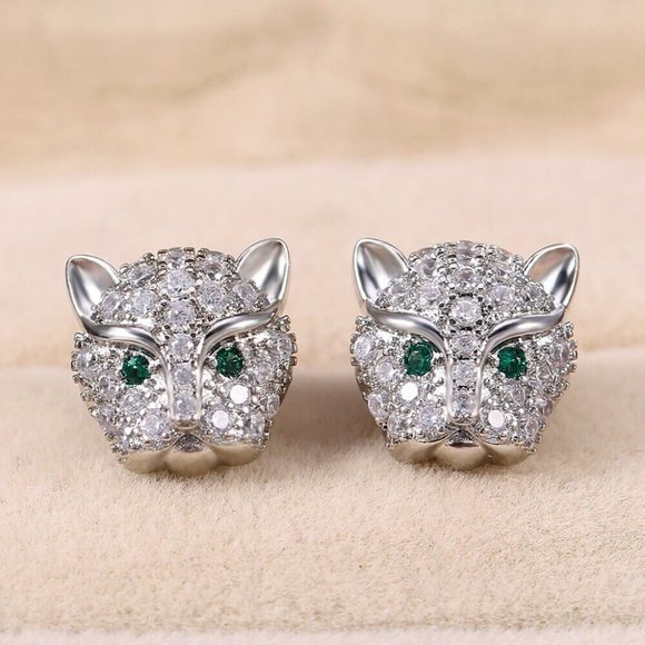 Sterling Silver Emerald Diamond Zircon Panther Cat Stud Earrings Women's Gift - Picture 3 of 12
